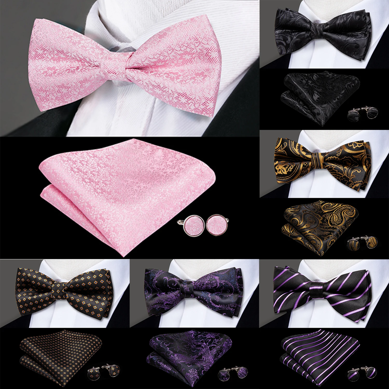 

Hi-Tie Jacquard Silk Men's Bow Tie Hanky Cufflinks Set Pre-tied Bowtie for Male Black White Silver Pink Purple Blue Red Green