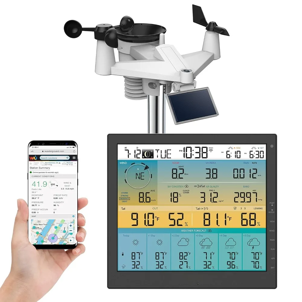 7-in-1 solar sensor array, 6-day forecast, Wi-Fi, large 10-inch color display, wind speed/direction, rainfall