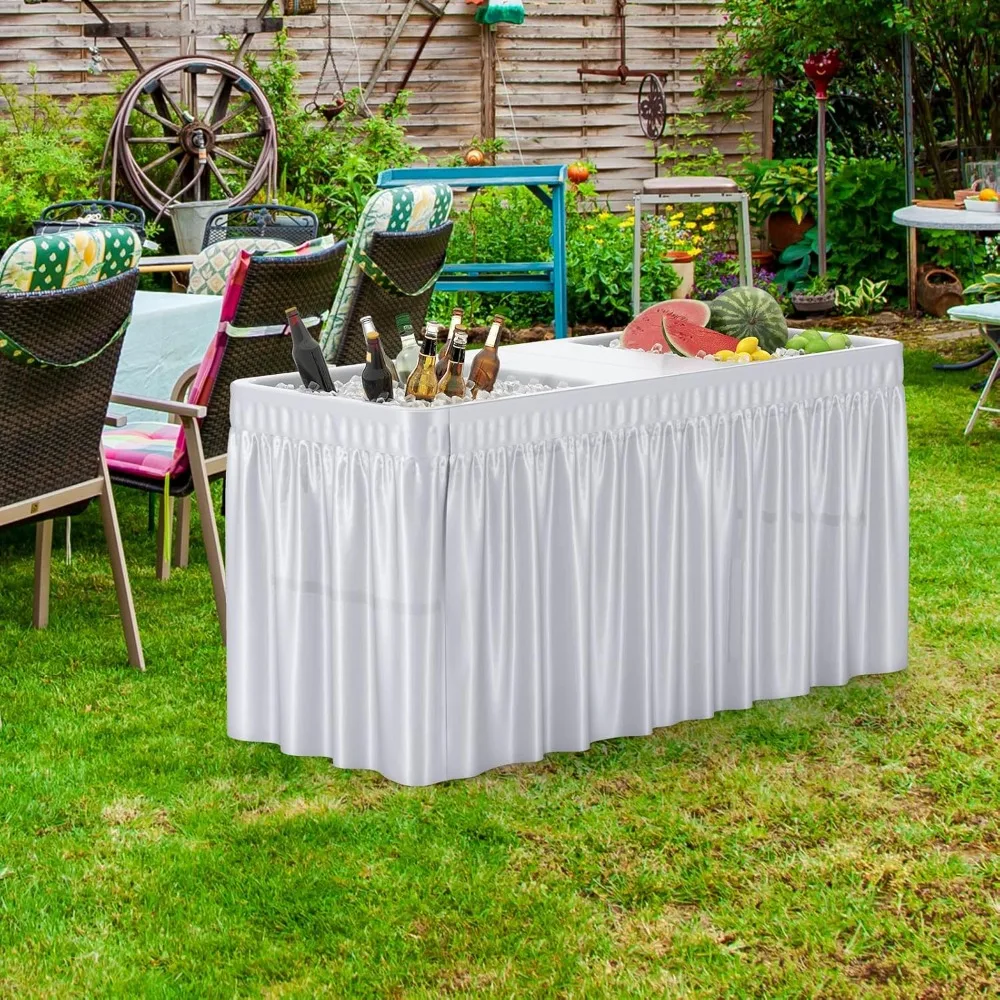 5 FT Folding Ice Table with Double Sinks, Drains and Removable Skirt, Portable Cooler Stand, White