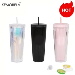 710ML Plastic Straw Cup Vertical Stripe Double Wall Coffee Mug Heat-resistant Tea Cup High Capacity Transparent Milk Water Cup