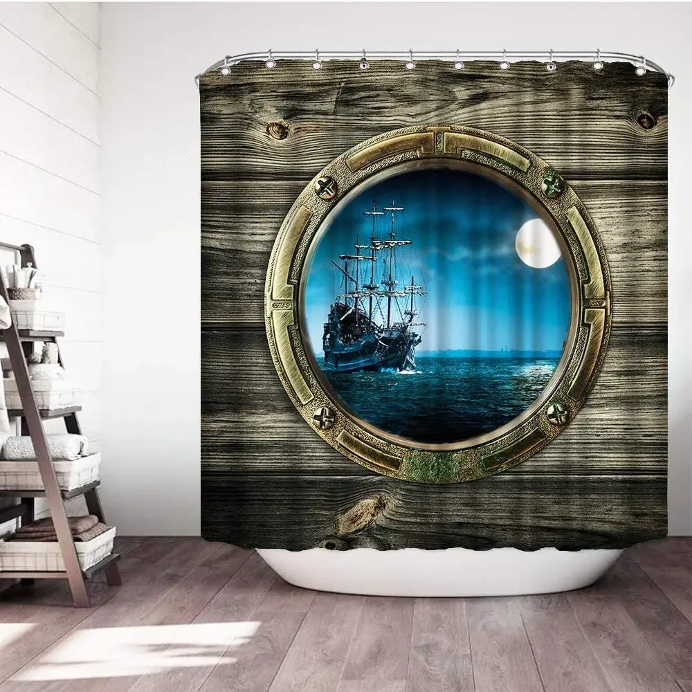 Ancient Sailboat Sailing In Ocean By Ho Me Lili Shower Curtain Sea Moon Porthole Window View Bath Cloth Fabric Bathroom Decor