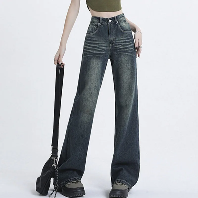 

High Waist Jeans For Women Vintage Straight Denim Pants Streetwear American Style Fashion Casual Wide Leg Jeans Trouser