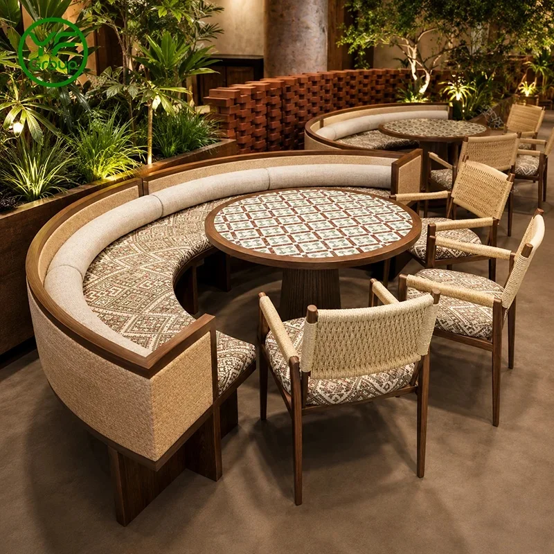 Commercial Restaurant Furniture Booth Seating Set Curved Banquette Table and Chair Set OEM Custom Hospitality Use