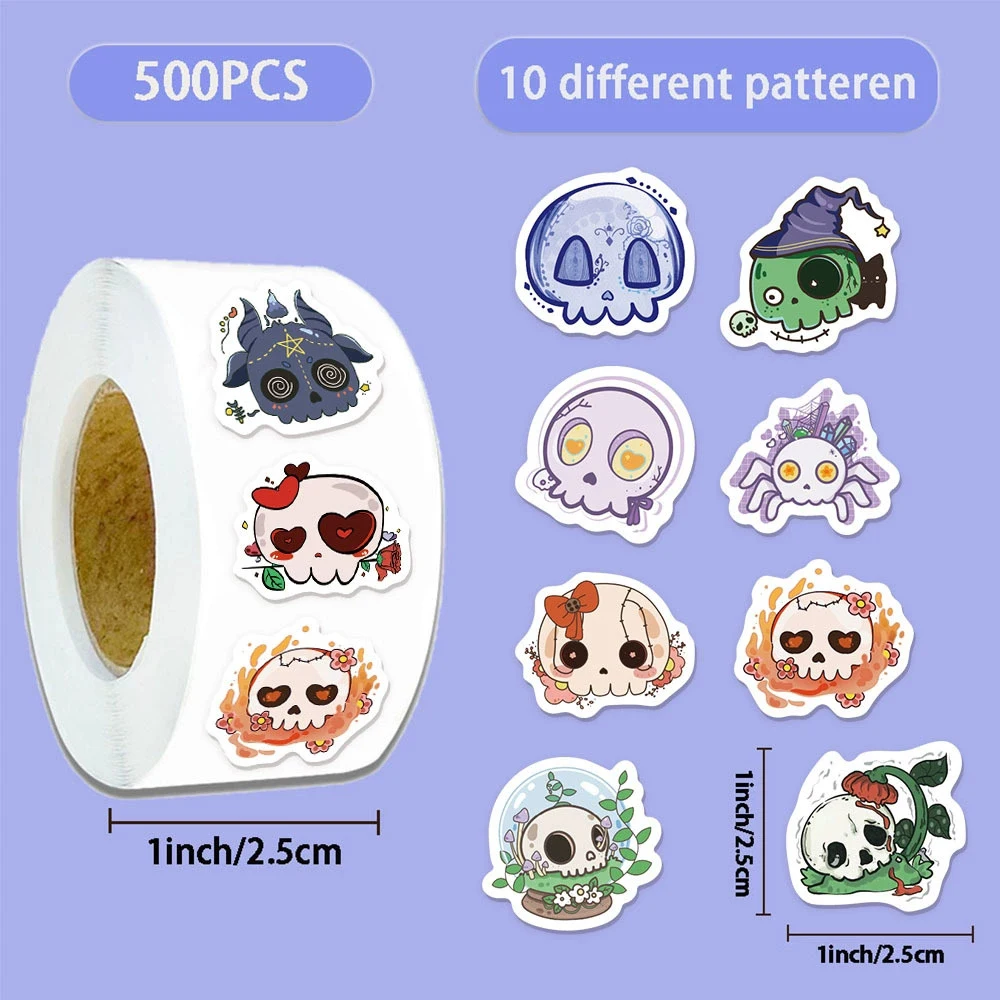 

500pcs Halloween Groovy Skull Cartoon Stickers Roll Funny Decoration Decal DIY Laptop Phone Cute Sealing Sticker Reward Gift Toy