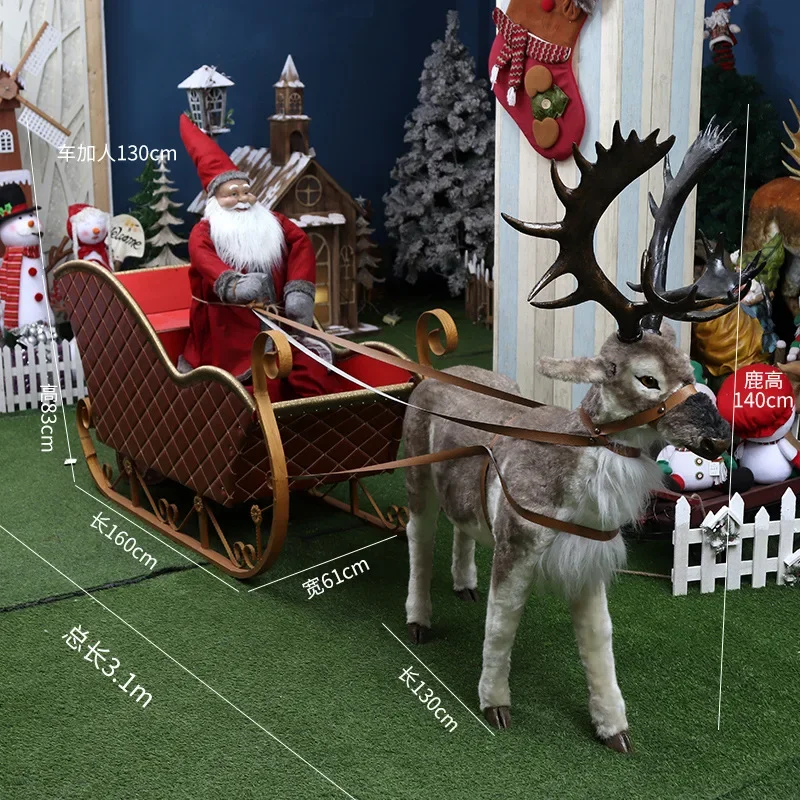 Christmas decoration, large deer pull car, elk wrought iron sleigh car, large Christmas scene arrangement