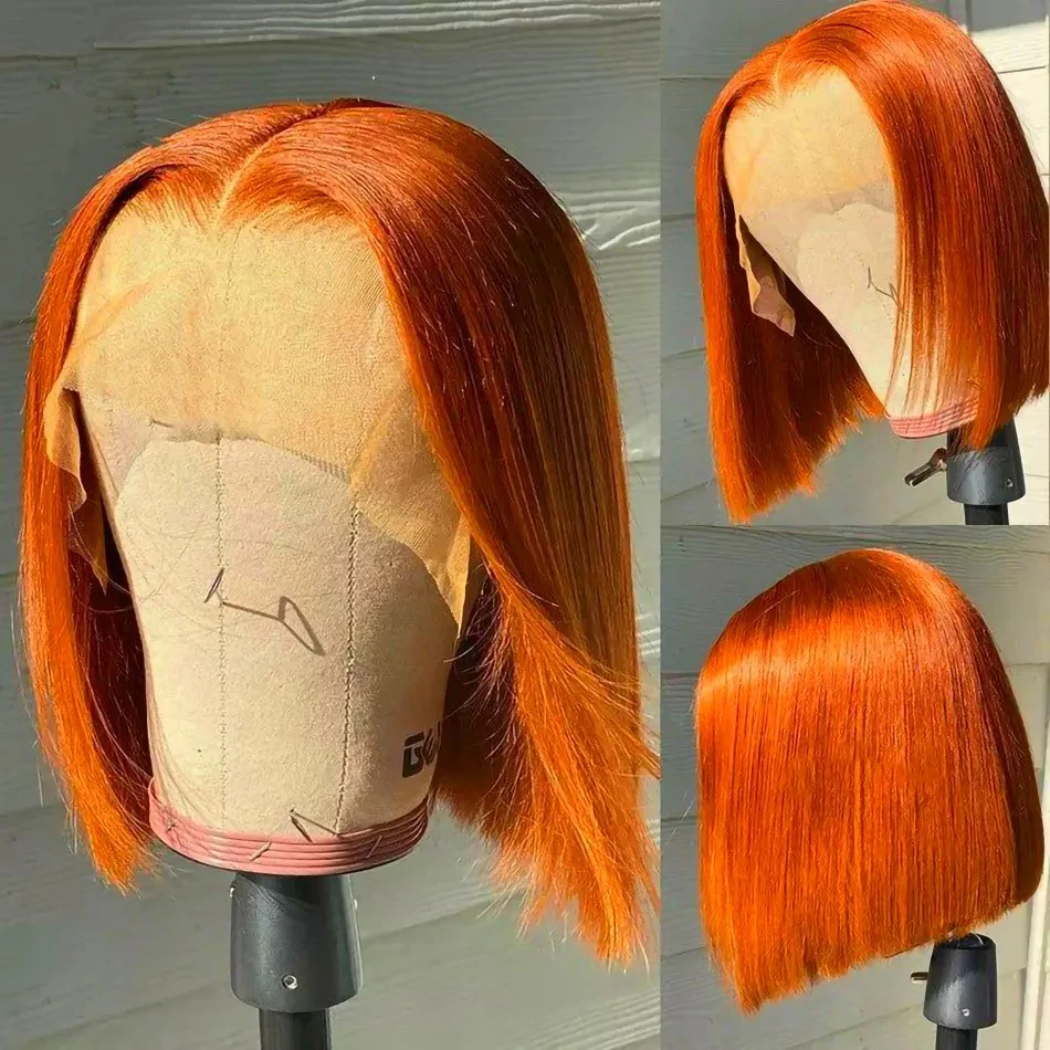 Wear And Go Glueless WigStraight Short Bob Wig Ginger 6X4 Lace Front Human Hair Wigs 180% Density Lace Frontal Wig Orange Color