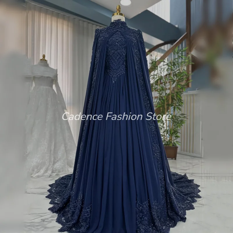 Luxurious Navy Blue Muslim Bridal Gown High Neck Beaded Strap With Shawl vestido novia Arab Kaftan Wedding Dress Customized