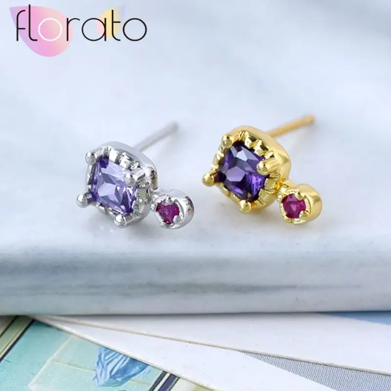 925 Sterling Silver Needle Small Exquisite Purple Square Zircon Micro-set Rose Red Round Zircon Earrings Women's Casual Jewelry