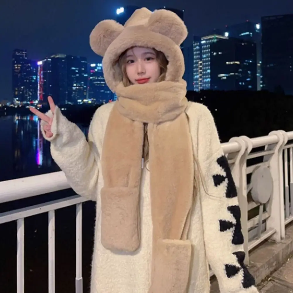 Casual Plush Bear Ears Hat Windproof Winter Warm Integrated Cap Scarf Thickened Hat Scarf Gloves Set for Woman Girls