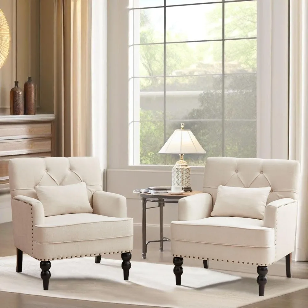 

Tufted Club Chair Set of 2,Accent Chair with Lumbar Pillow, Upholstered Button Armchair, Fabric Sofa Chairs for Bedroom.