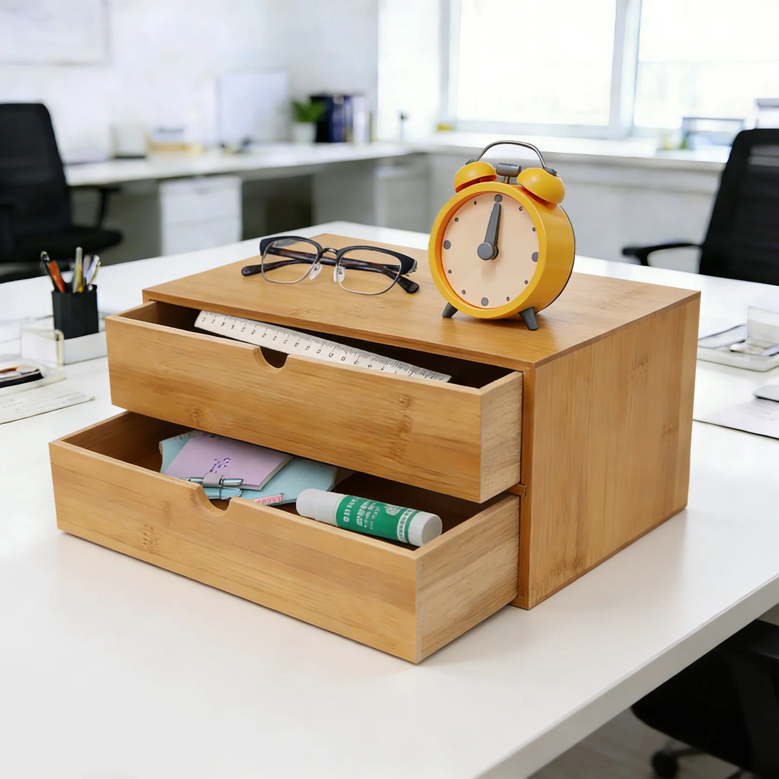 Organizador de Escritorio, Caja de Almacenamiento de Suministros de Oficina con 2 Cajones, Organizador de Escritorio de Bambú Natural con Acabado Liso, para Decoración de Oficina en Casa