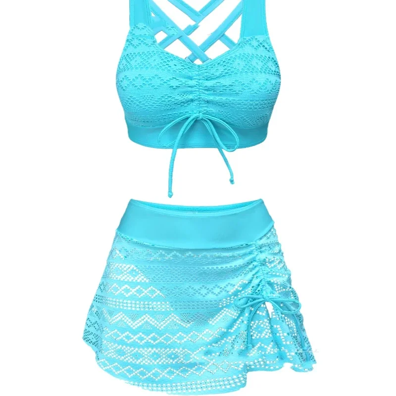 Summer Women's Solid Bikini Set High Waist Swim Skirted Two-Piece Swimwear Sexy Conservative Tie-Front Swimsuit Holiday Beach