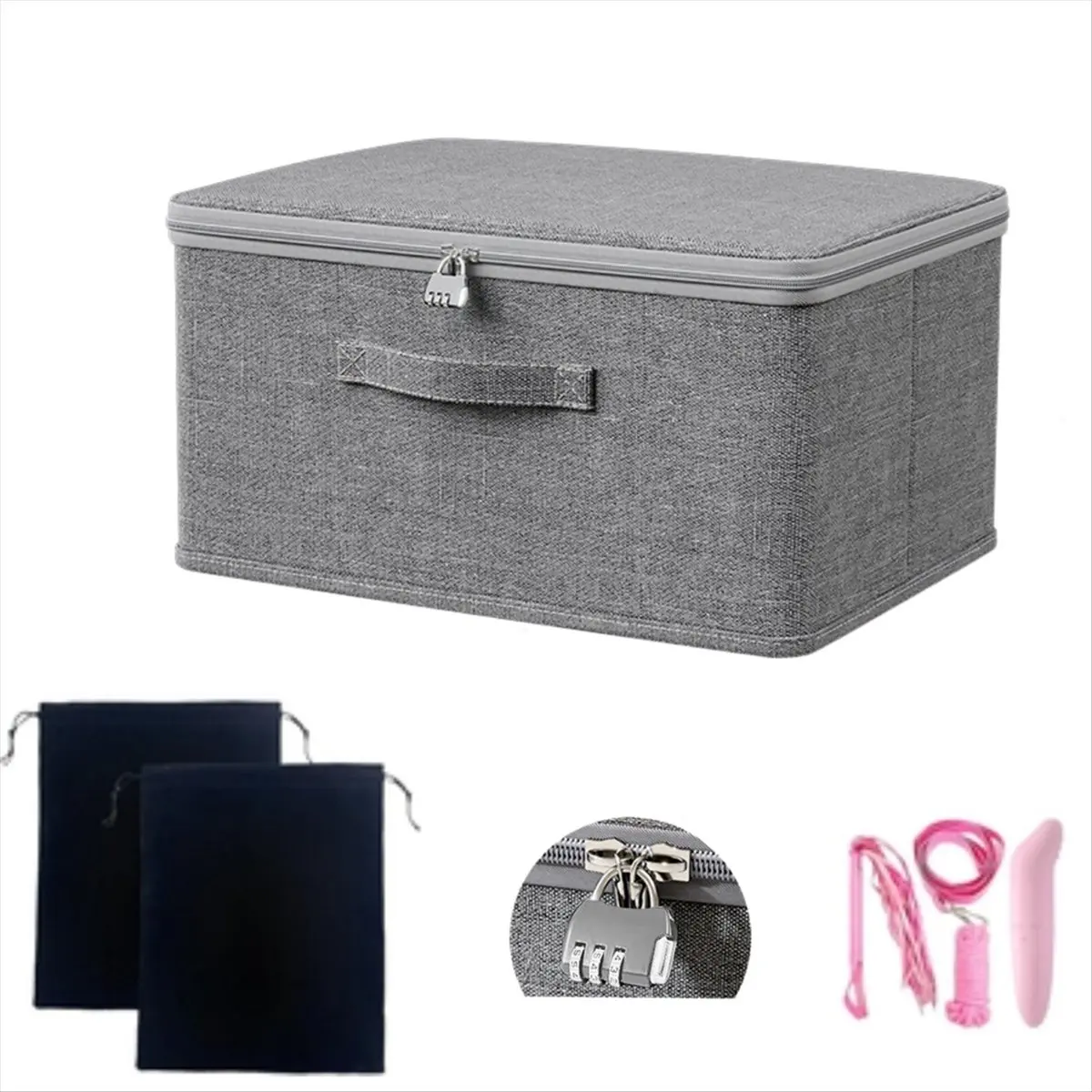 ABZT Locking Adult Game Toy Storage Organizer Lock Box Toy Storage Bins Toys Storage Bags with 2 Drawstring Bags Grey
