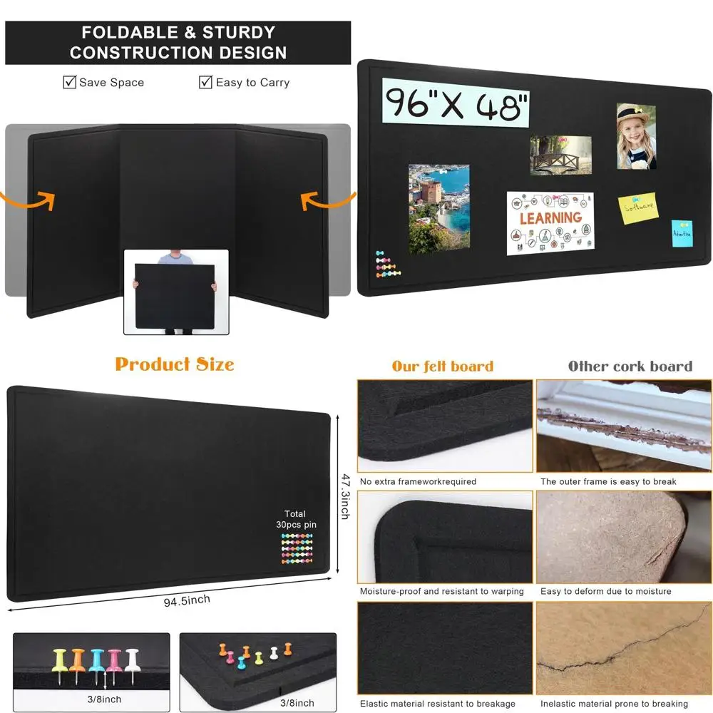 

Большая пробковая доска 96x48 дюймов с 30 кнопками, настенная доска объявлений с фетровым покрытием 8 x 4 фута, складная доска для фотографий и Noti