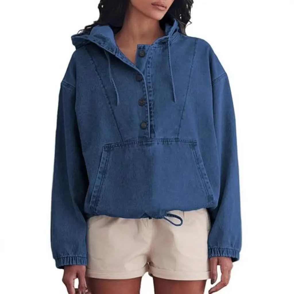Moda feminina denim jaqueta com capuz abotoado pulôver moletom topo estilo europeu americano na moda outerwear para senhoras