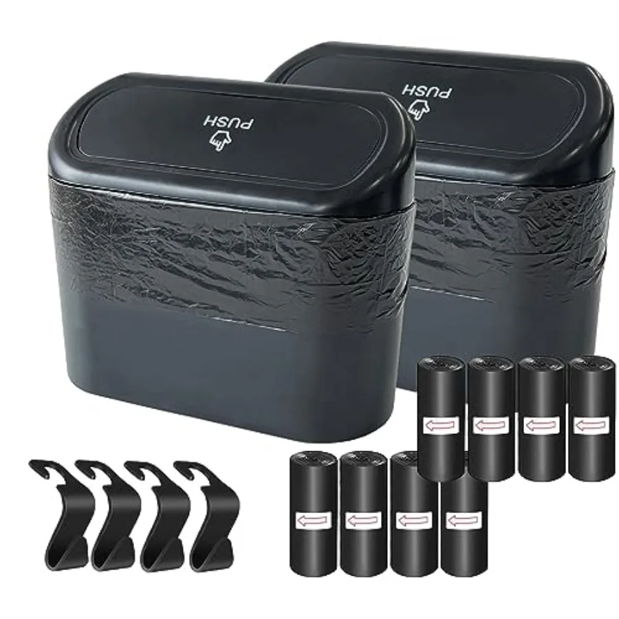 

2 Pack Car Trash Can Bin with Lid, 120 pcs Trash Bags and 4 pcs Car Hooks. Mini Car Garbage Can, Dustbin Can Organizer Storage