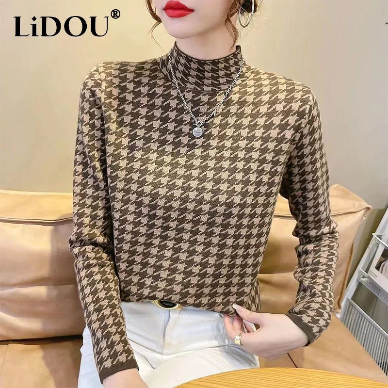 Autumn Winter Vintage Plaid High Collar Two Sided Velvet Warm T-shirt Lady Long Sleeve All-match Bottomed Pullover Top Women Tee