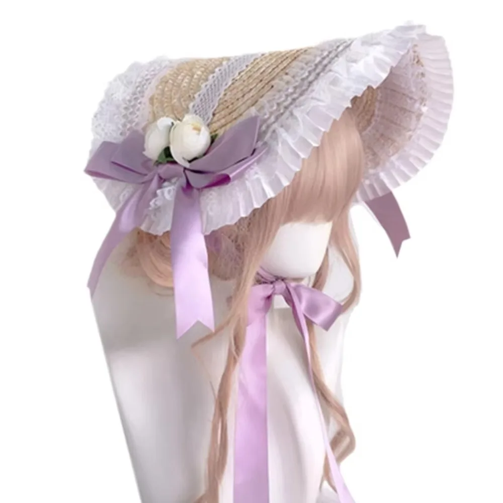 French Rural Style Lolita Straw Hat Ruffle Lace Ribbon Bow Girl Sun Hat With Strap Ribbon Flower Handmade Flat Top Hat