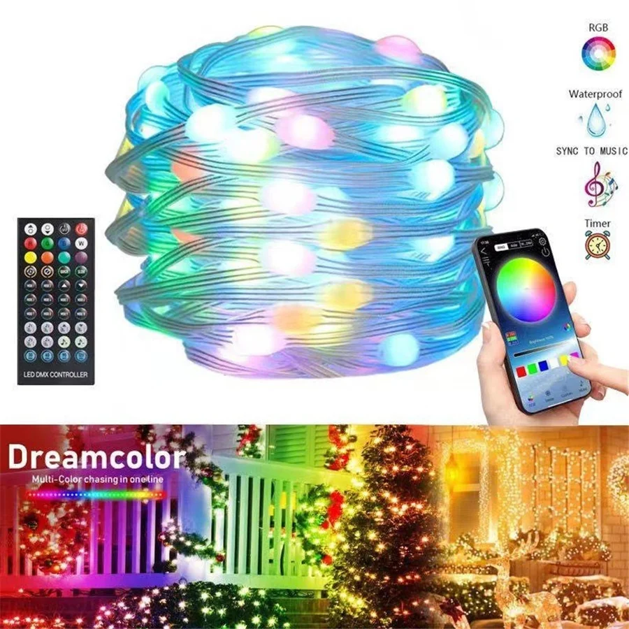 Luzes de Natal com controle inteligente para aplicativos, controle remoto USB, BT, RGB, Fairy Lights, guirlanda para festa de jardim, decoração de