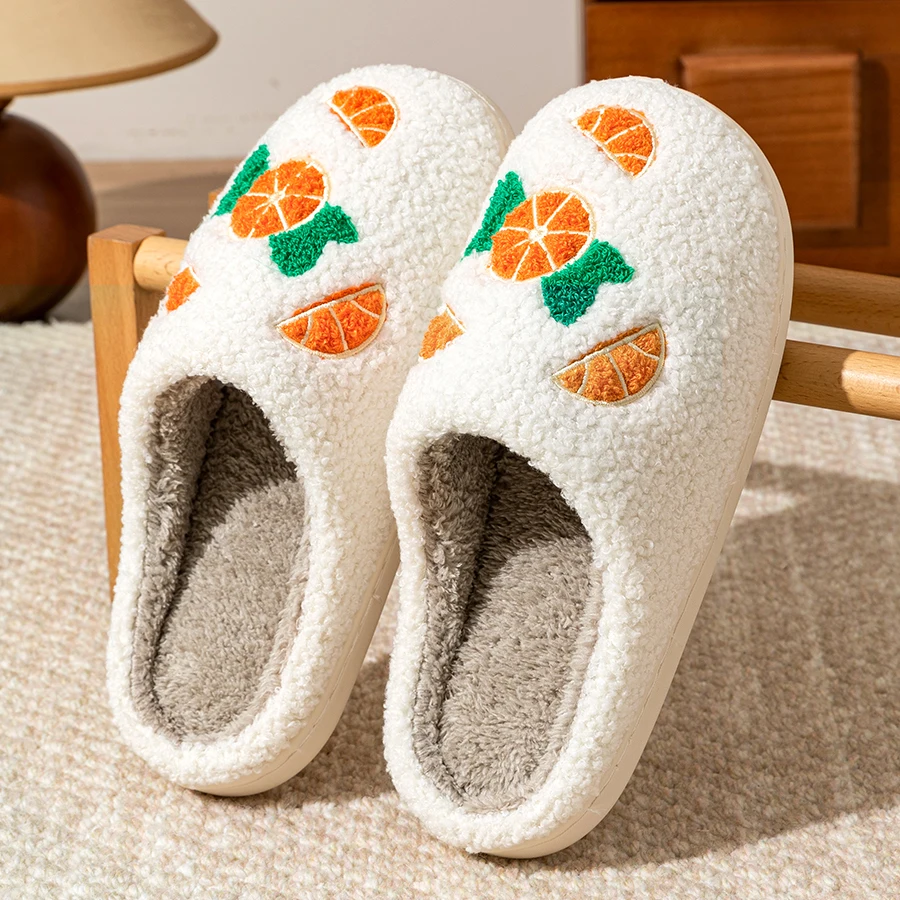 الترفيه المنزل غامض الفاكهة الكرتون المرأة النعال البرتقال نمط الشتاء داخلي دافئ مريح لطيف غرفة نوم الأزواج لينة وحيد الأحذية