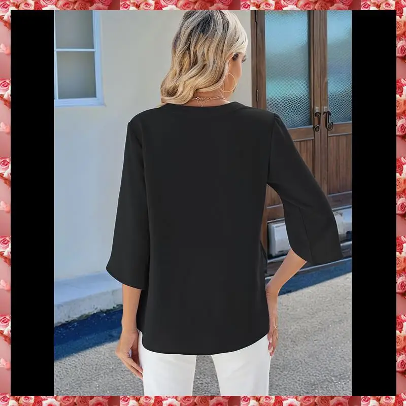 ผู้หญิงเสื้อชีฟองลําลองเสื้อ 1/2 Ruffled Sleeve V คอหลวม Fit เสื้อเสื้อ