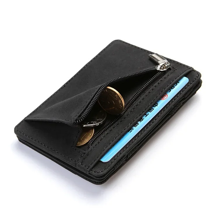 Men Ultra Thin PU Leather Mini Small Magic Wallet with Zipper Coin Pocket Purse Women Pouch Plastic Credit Bank Card Case Holder