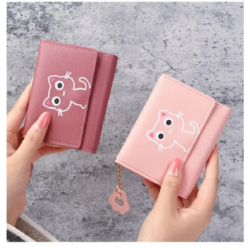 작은 지갑 소녀용 돈 가방 카드 홀더 여성용 카르테라스 파라 무헤르 신상 여성 지갑 귀여운 고양이 짧은 지갑 가죽