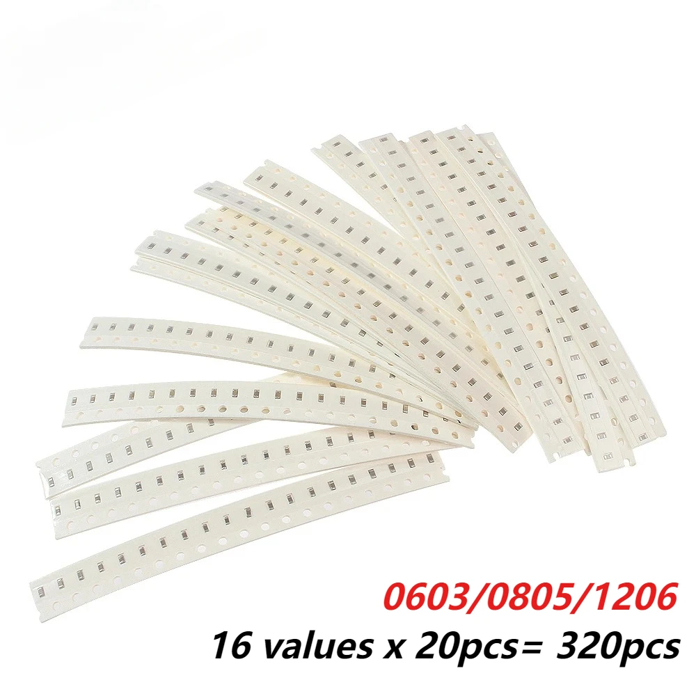 320PCS 0603/0805/1206 SMD Ceramic Capacitor Kit 10pF-22μF Capacitance Set 16 Values 20pcs for Each