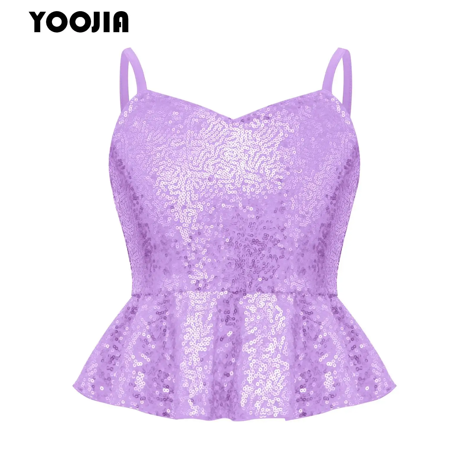 Girls Sparkly Sequin Camisole Modern Jazz Dance Tank Tops Child Sleeveless Ruffled Peplum Vest Shirts for Pageants Birthday Gift