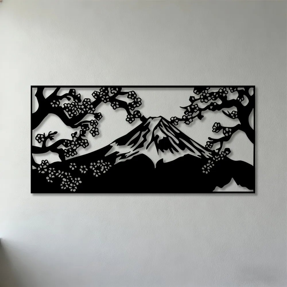 BrandName Mount Fuji Cherry Blossom Iron Metal Wall Art, Modern 2D Sculpture Decor for Home & Office