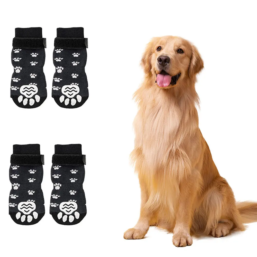 Paquete de 4 calcetines antideslizantes para perros, previenen la lamer y morder pisos de madera dura, agarre fuerte, protección de patas, antiarañazos, calcetines antideslizantes para perros