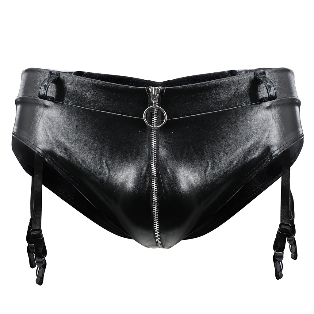 

Men's Faux Leather Brief with Zipper & Garter Straps, High-Rise Sexy Underwear