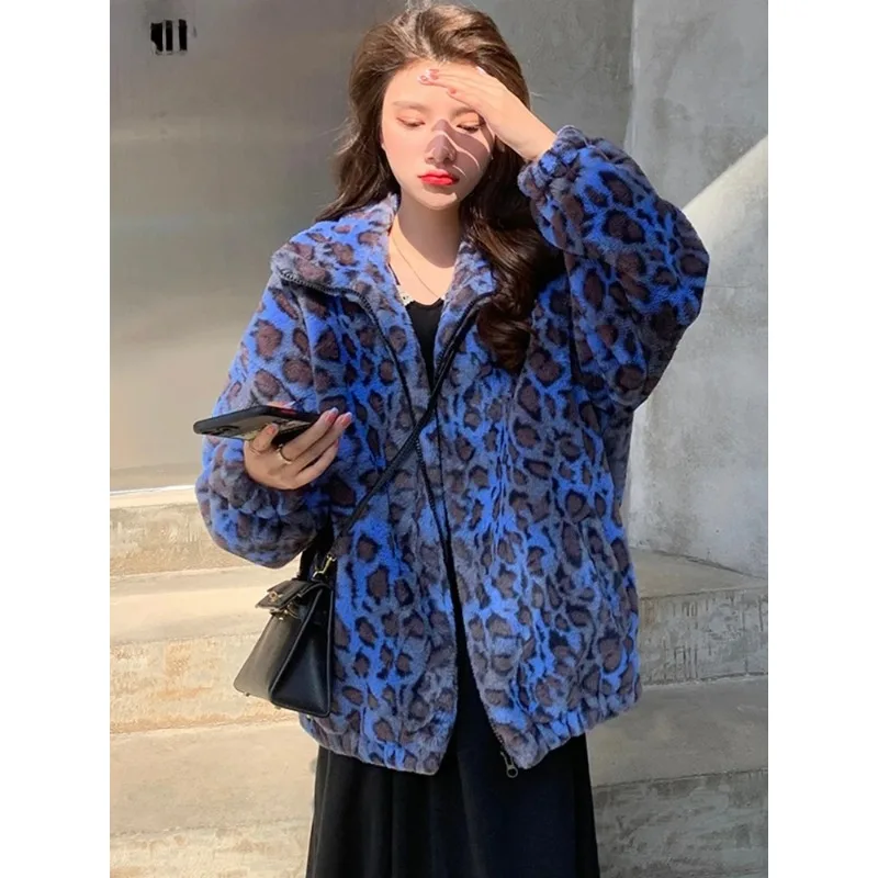 

Oversized Colorful Leopard Print Faux Fur Coat Women Long Sleeve Zip Up Warm Soft Fluffy Jacket Korean Fashion