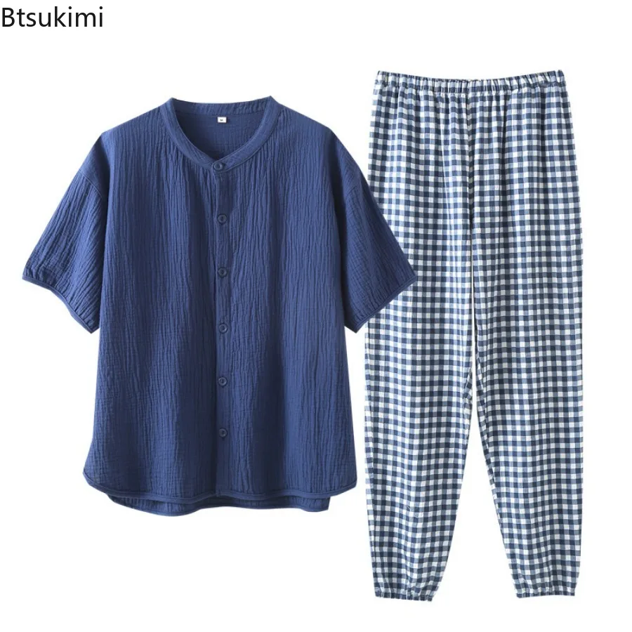 2025 Men's Spring Summer Casual Pajama Sets 100% Cotton Thin Style Solid Tops and Plaid Pants Sets for Men Home Service Suit New