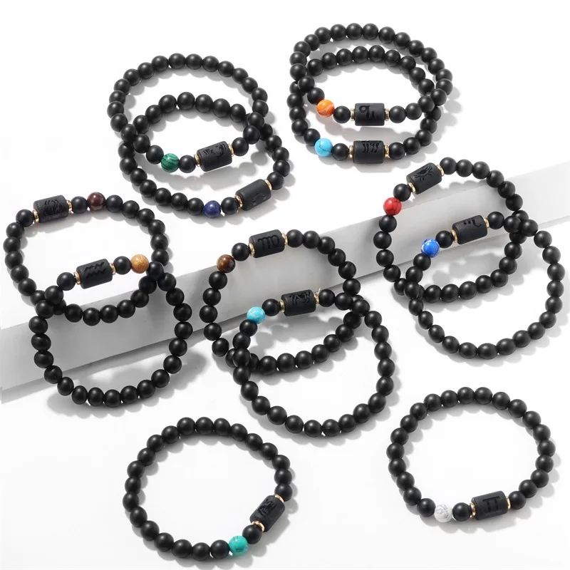 New Fashion Classic Zodiac Black Frosted Natural Stone Beaded Bracelet Bracelet Accessories BR1103