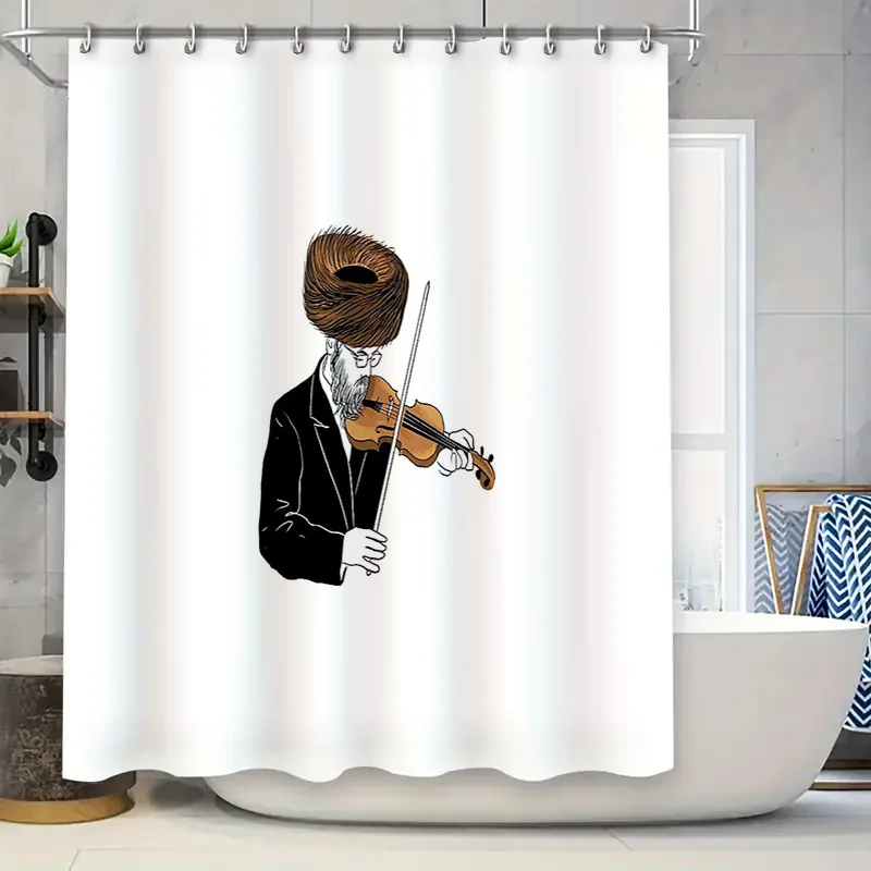 Jewish Man Playing Violin Shower Curtain Vintage Israeli Art Deco Religious Decor Bathroom Set Modern Home Decor Artistic Wall H