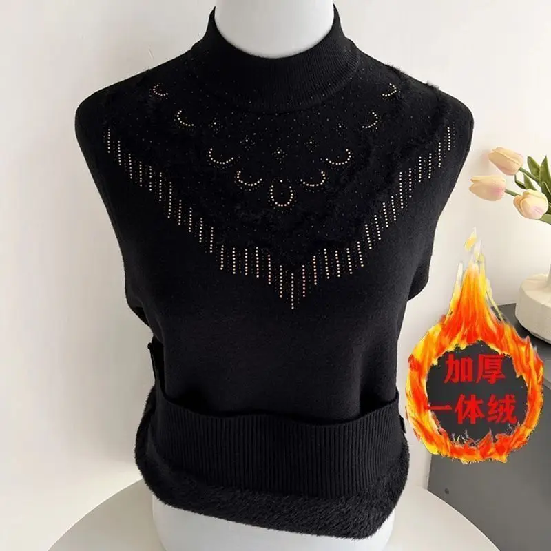 Damski sweter polarowy zimowy, gruby, zintegrowany polar, luźny sweter dla mamy, półgolf, dzianinowy, ciepły, do noszenia na dole, bluzka dla seniorów.