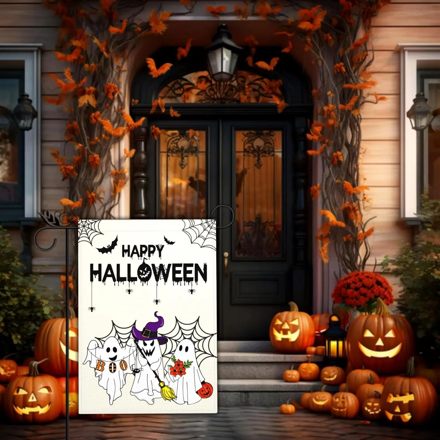 هالوين شبح حديقة العلم مخيف هالوين بو حديقة أعلام للخارج 12x18 مزدوجة الوجهين سعيد اليقطين حديقة العلم في الهواء الطلق HZZ