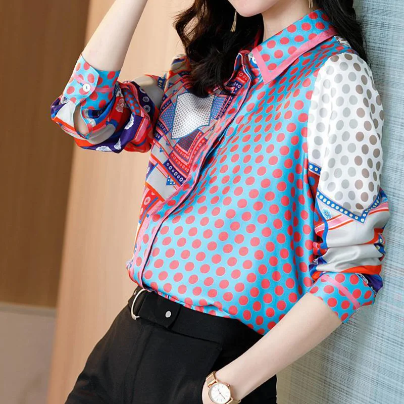 Silk-like Office Lady Loose Blouse Summer Women\'s Clothing Turn-down Collar Polka Dot Geometric Printing Single Breasted Shirt