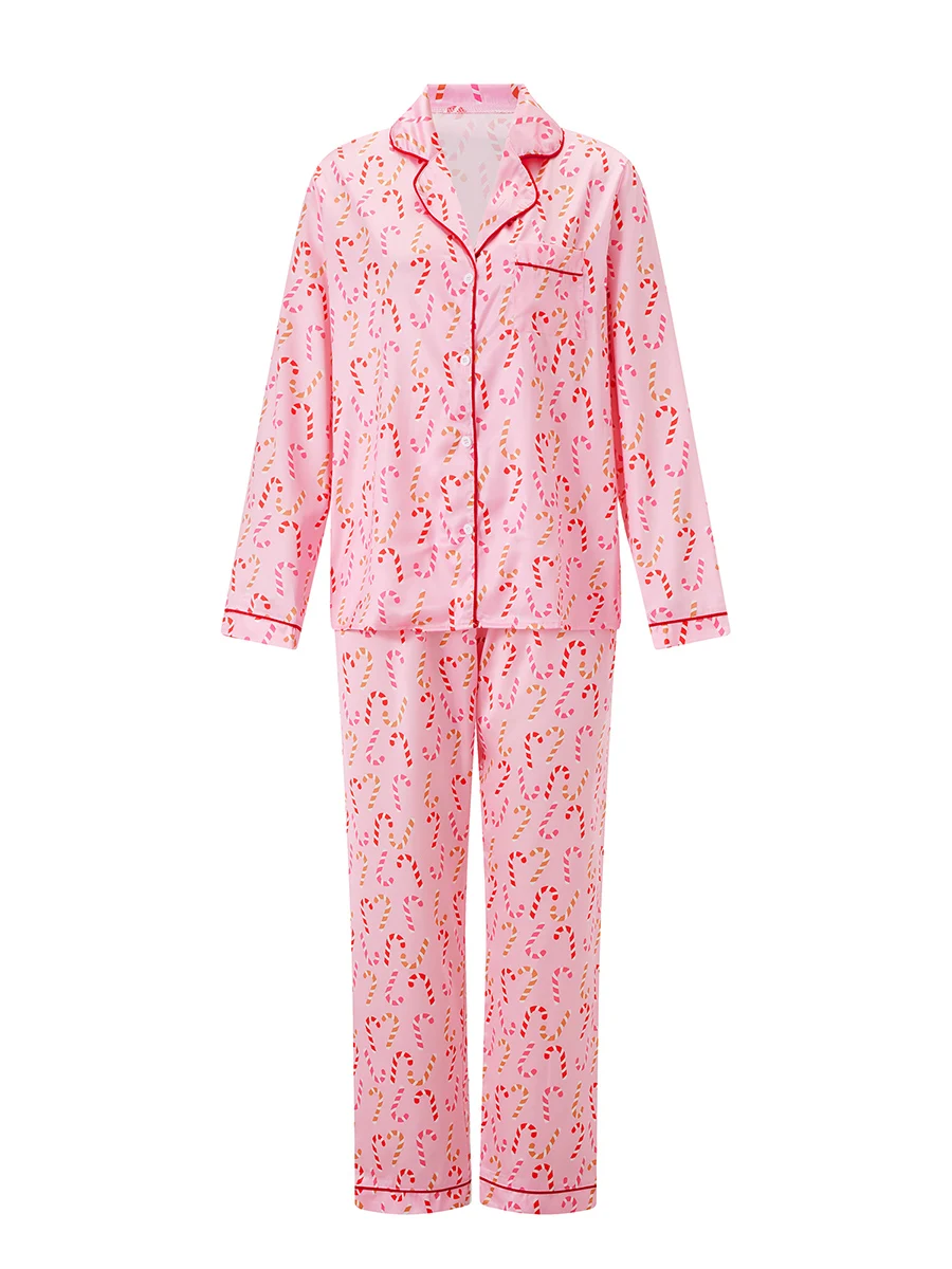 2025 Women’s Christmas Pajama Set Long Sleeve Chest Pocket Button Up Shirt + Pants Set Winter Fall 2 Piece Sleepwear