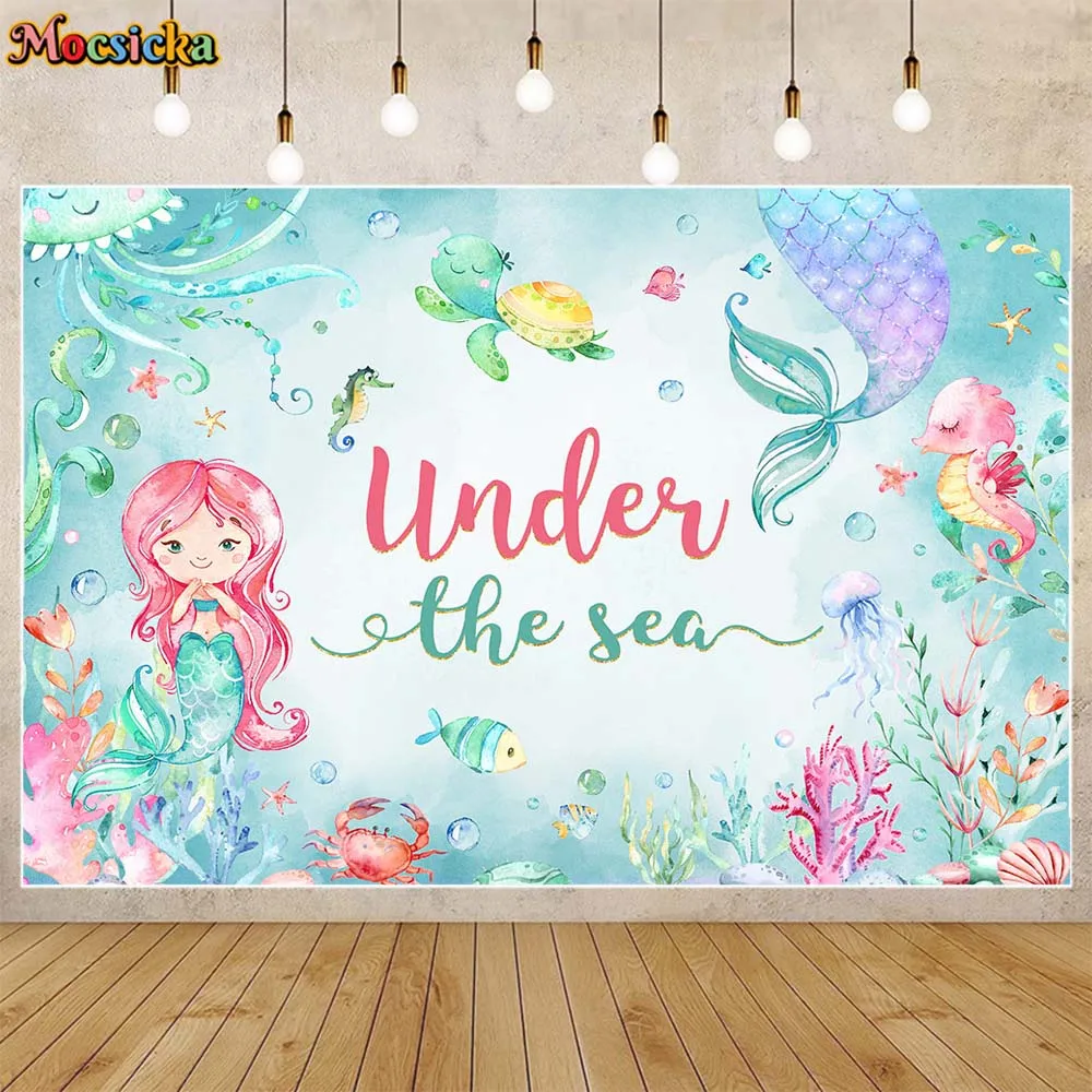モcsickaマーメイドプリンセス幸せな誕生日の背景赤ちゃんの女の子の誕生日パーティー水中世界の写真の背景写真スタジオ