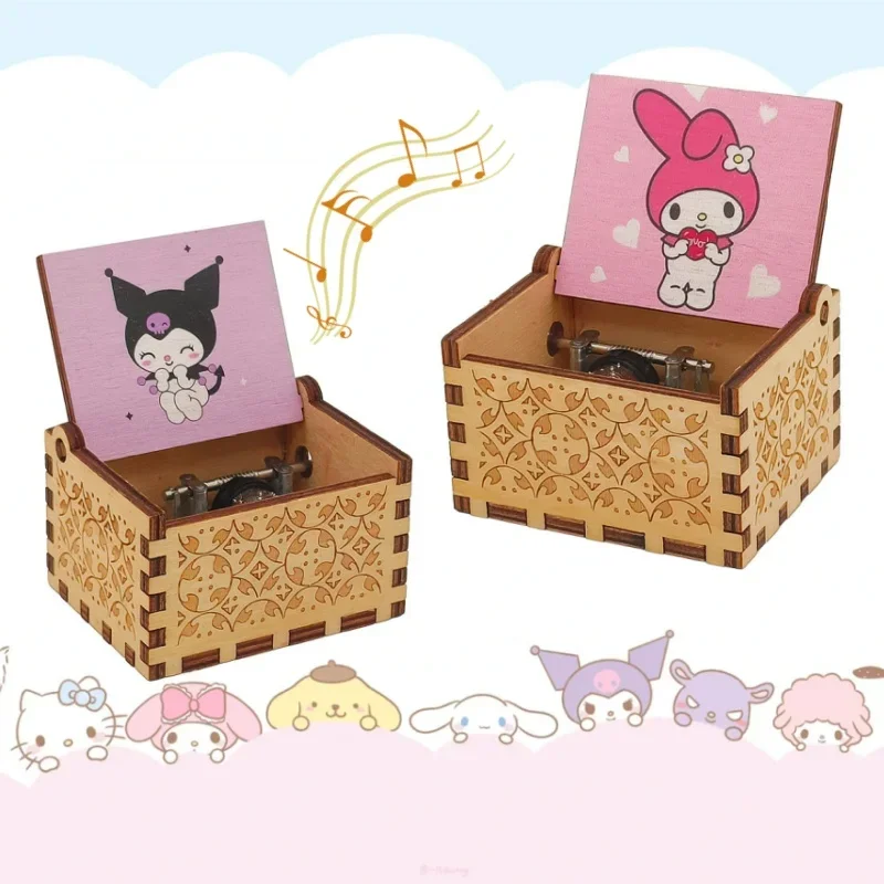 Kawaii My Melody Kuromi Wooden Music Box Hand Crank Antique Engraved Musical Box Case Christmas Gifts