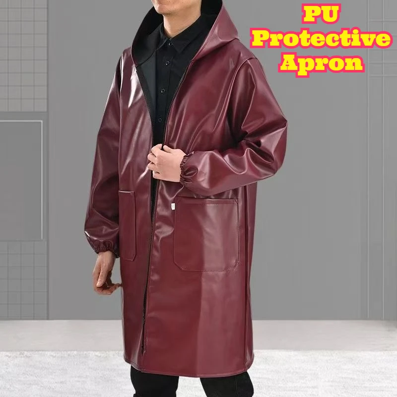 PU Apron Thick Workwear Waterproof Oil Resistant Windproof Warm Hair Resistant PU Coat Protective Cover For Daily Work Use