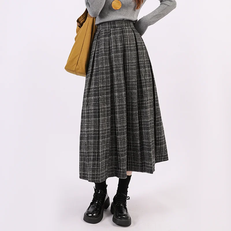 ウールチェック柄のスリムハイウエストAラインスカート、女性用秋冬、高品質、通勤、プリーツミディスカート