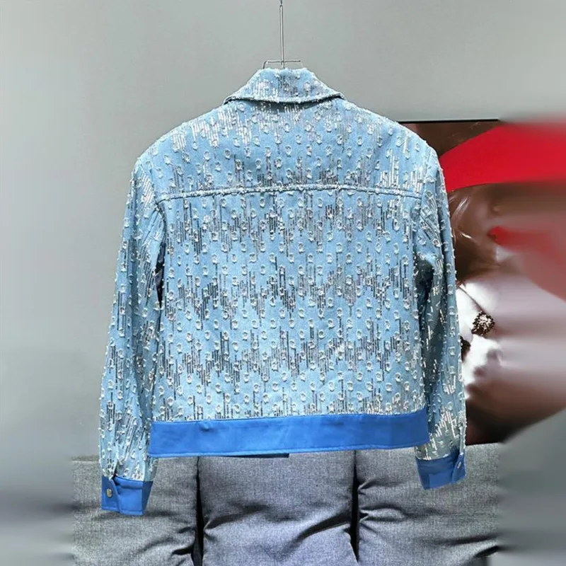 WVGA Men's Korean Fashion New Metal Chain Decoration Hole Denim Jackets Autumn Winter Sequin Contrast Color Male Tops Ins W18176