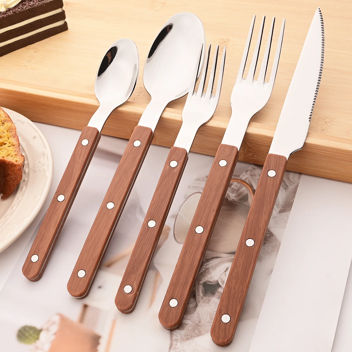 5/20/30pcs Imitation Wooden Handle Cutlery Set Knife Fork Spoon Tableware Flatware Clamp Stainless Steel Western Dinnerware Set