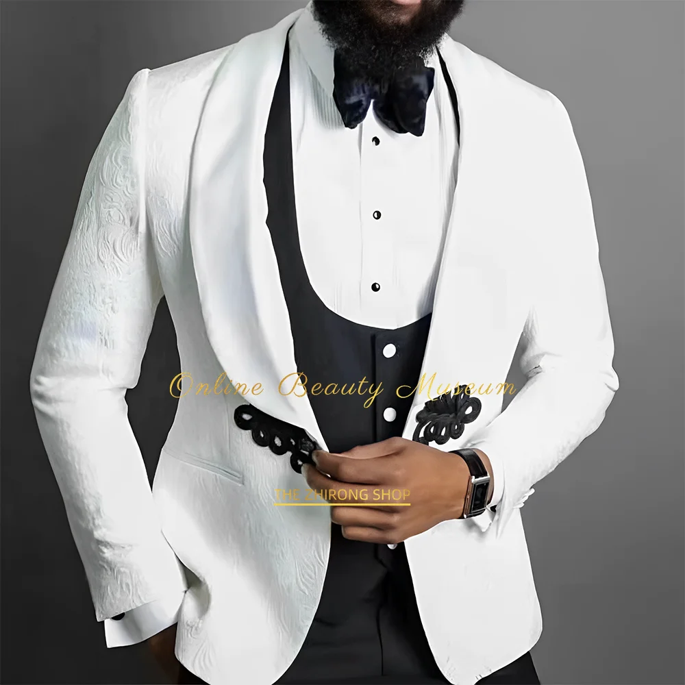 

Men's white wedding 3-piece suit (jacket + vest + trousers) one button jacquard blazer fashionable groom cocktail party dress