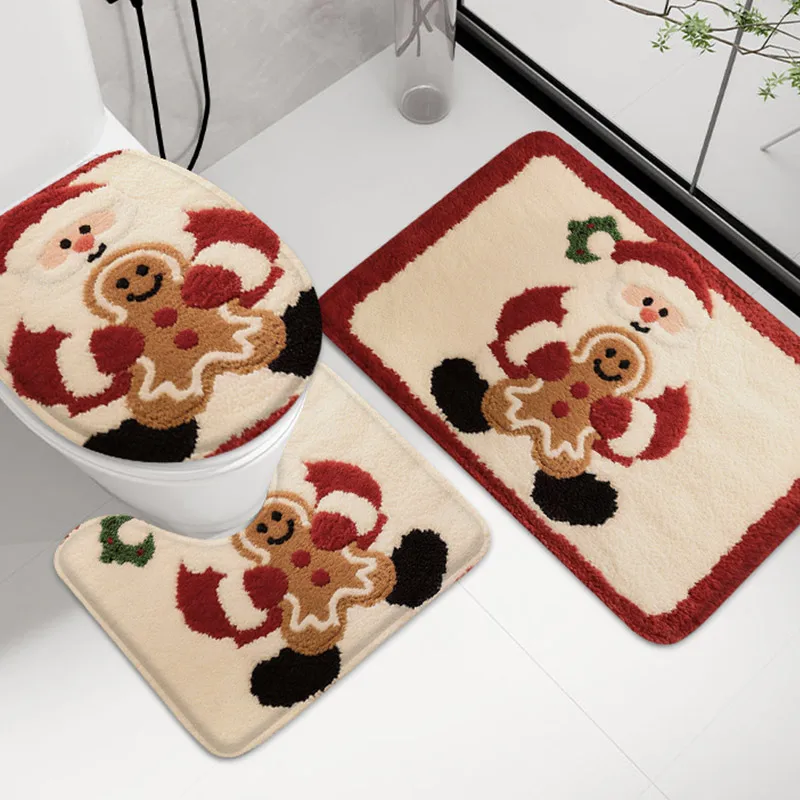 3pcs cartoon snowman flannel carpet bathroom door mat bath anti slip mat U-shaped foot mat toilet lid mat toilet absorbent mat