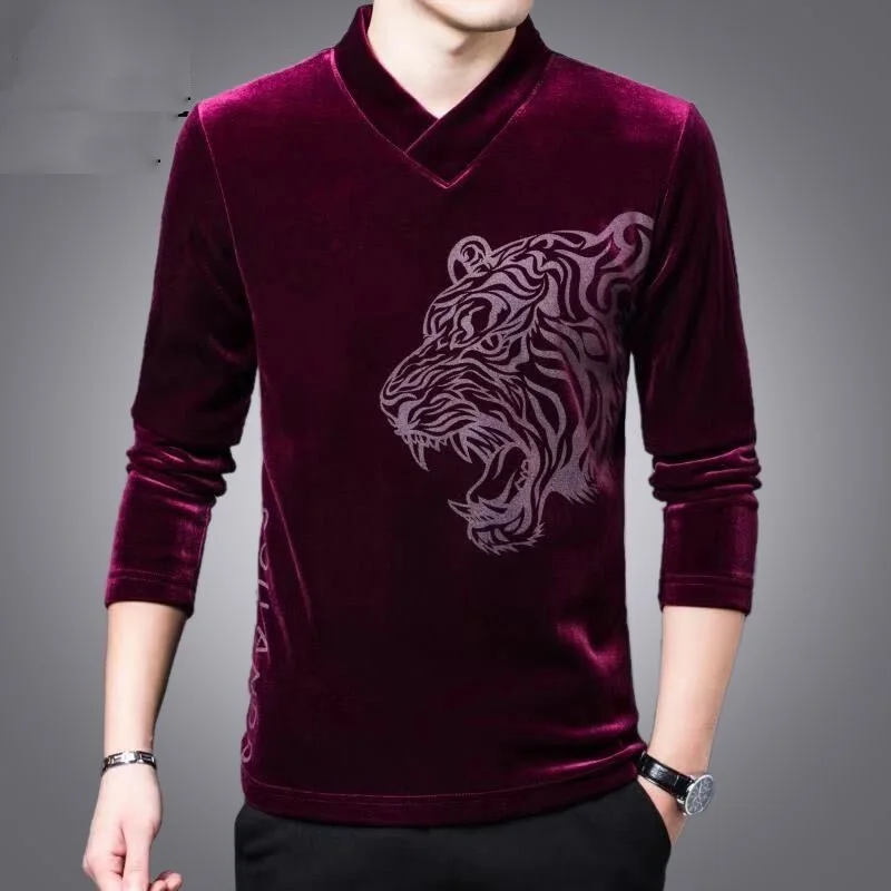 

2023 New Men's Clothing Autumn Winter Long Sleeve V-Neck Casual Fashion All-match Business Solid Color Printed Loose Tops