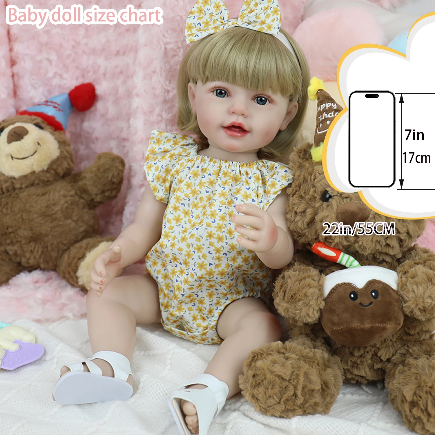 

55 см готовая кукла реборн, полностью силиконовая виниловая кукла для девочек, моющееся тело, Elaine, золотистые короткие волосы, подарок на день рождения, Рождество для малышей Bebe